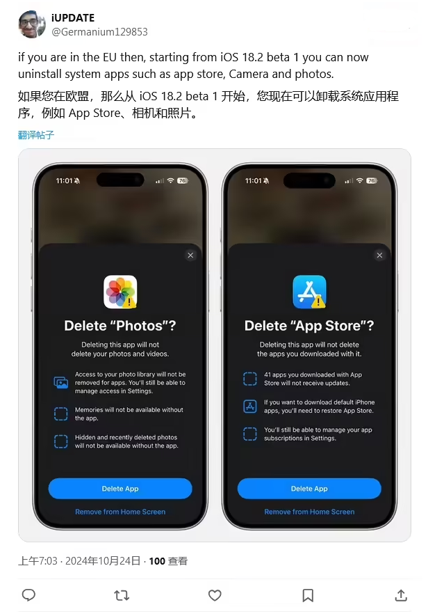 枣阳苹果手机维修分享iOS 18.2 支持删除 App Store 应用商店 